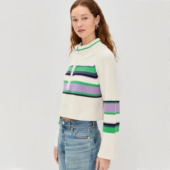 Free People Greta Stripe Half-Zip Mock Neck Sweater Size Large NWT - Picture 4 of 15